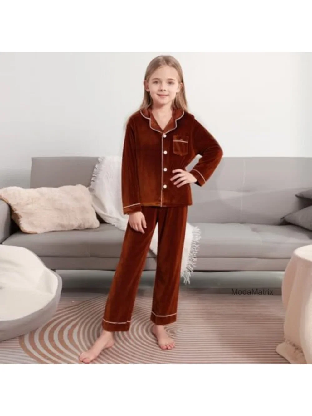 Girls Velvet Pajama Set Long Sleeve Button-Up Sleepwear 4-14Y Kid